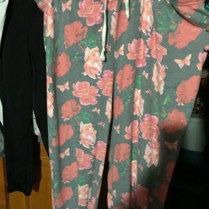 Floral Pink and Gray Women's footie Pajama Pants